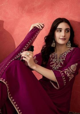 Burgundy Embroidered Silk Blend Kurta Set