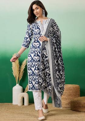 Navy Blue Printed Cotton Kurta Set