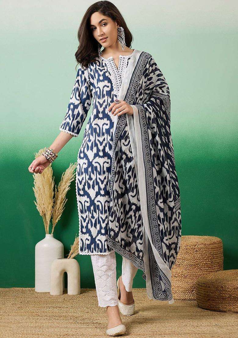 Navy Blue Printed Cotton Kurta Set - Indya