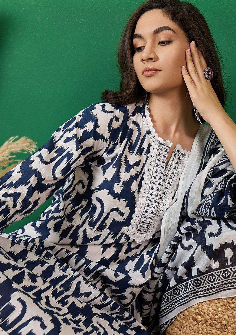 Navy Blue Printed Cotton Kurta Set - Indya