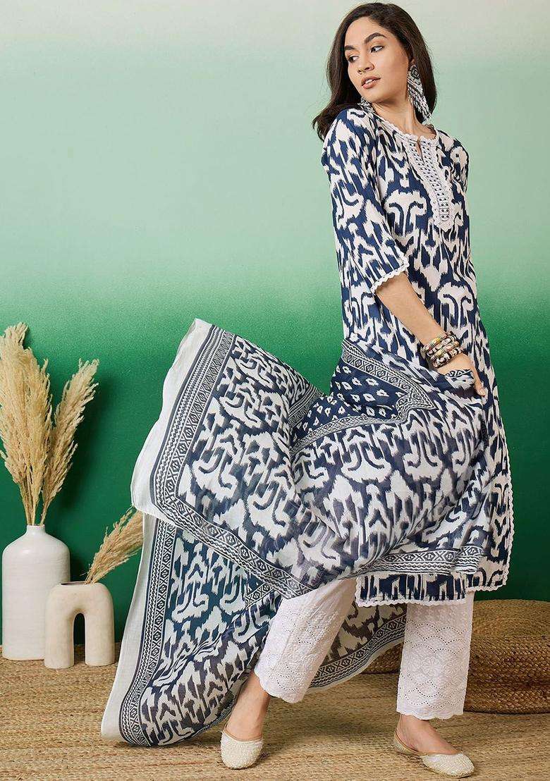 Navy Blue Printed Cotton Kurta Set - Indya