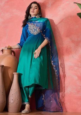 Teal Embroidered Silk Blend Anarkali Set