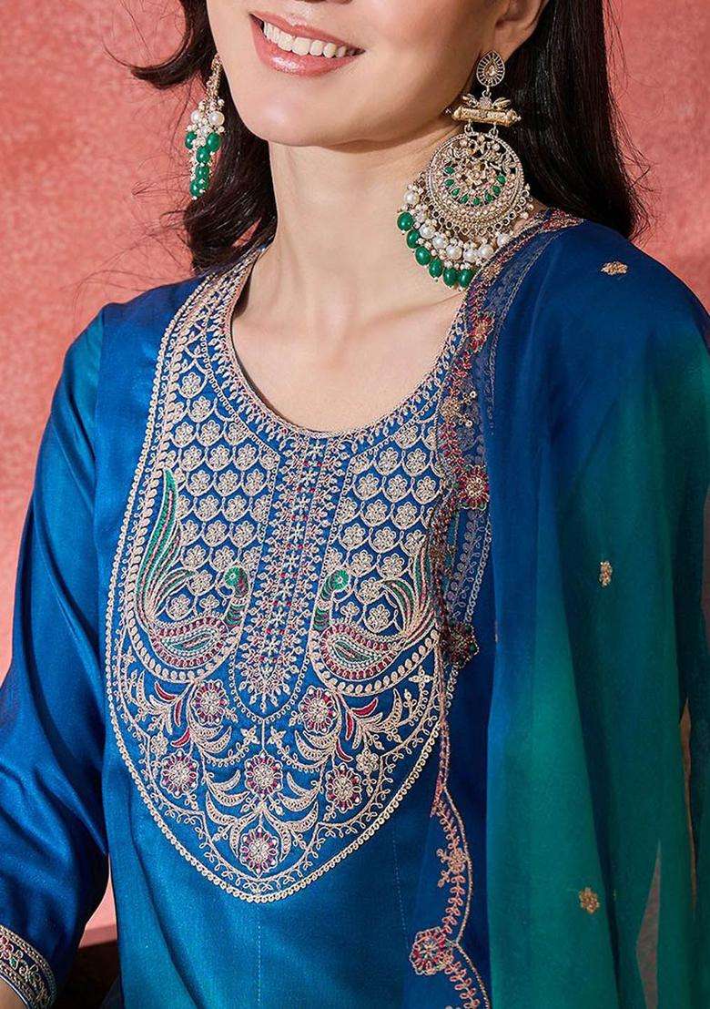 Teal Embroidered Silk Blend Anarkali Set - Indya