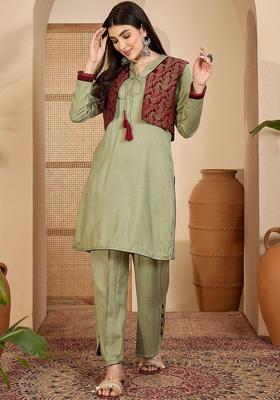 Olive Woven Design Wool Blend Kurta Set