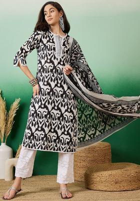 Black Printed Cotton Kurta Set