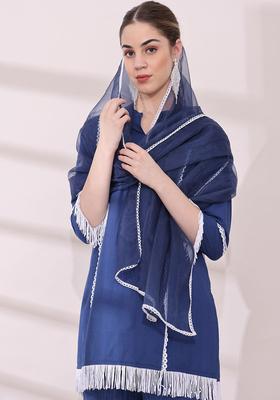 Navy Blue Embroidered Cotton Kurta Set