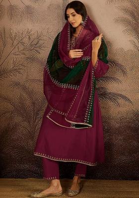 Burgundy Embroidered Silk Blend Kurta Set