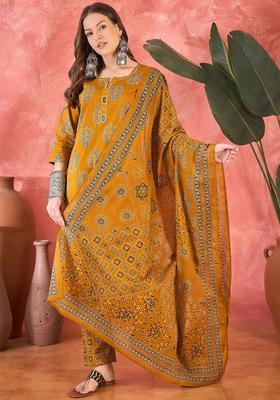 Mustard Printed Cotton Kurta Set