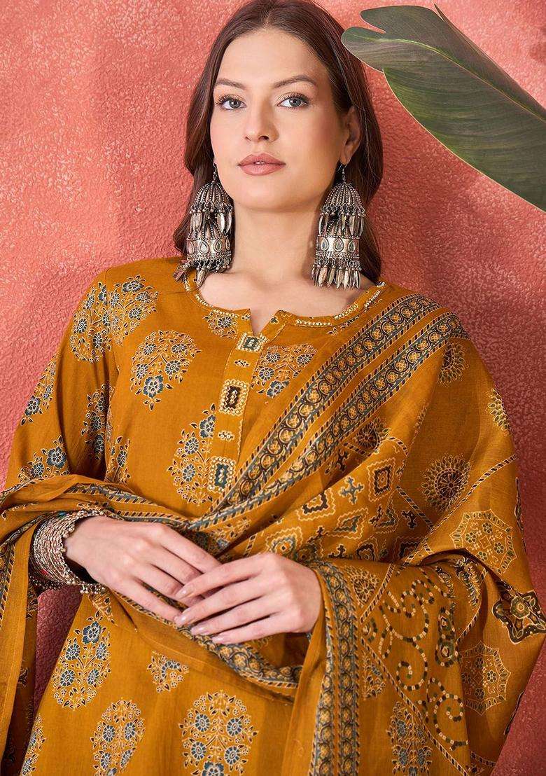 Mustard Printed Cotton Kurta Set - Indya