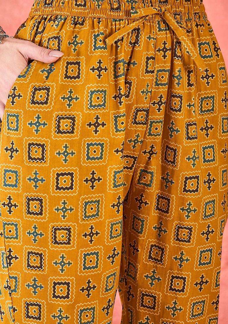 Mustard Printed Cotton Kurta Set - Indya