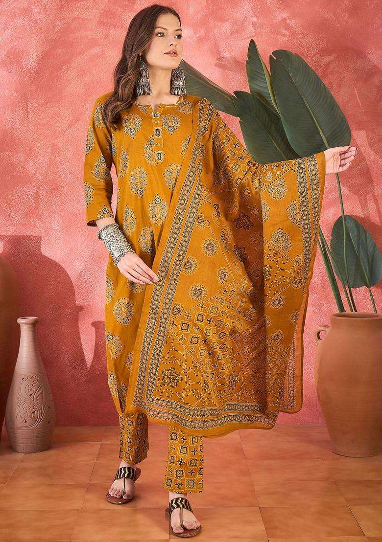 Mustard Printed Cotton Kurta Set - Indya
