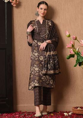 Brown Printed Cotton Kurta Set