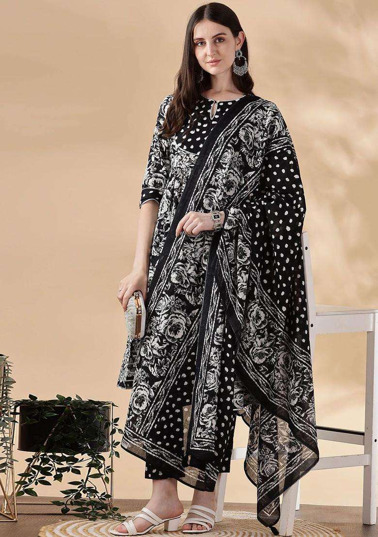 Black Printed Cotton Kurta Set - Indya