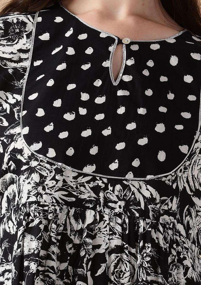Black Printed Cotton Kurta Set - Indya