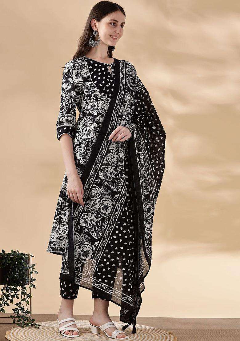 Black Printed Cotton Kurta Set - Indya