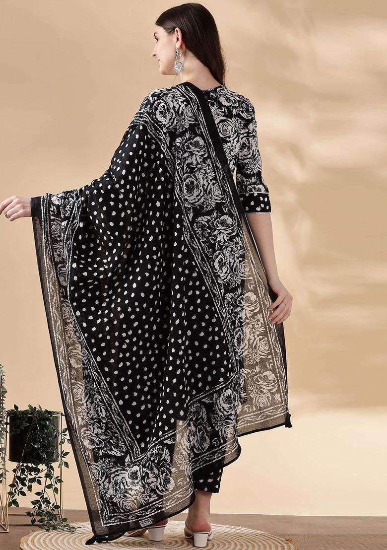 Black Printed Cotton Kurta Set - Indya