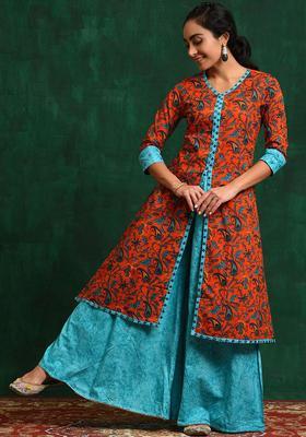 Orange Printed Cotton Kurta Set