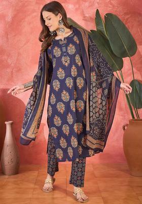 Navy Blue Printed Cotton Kurta Set