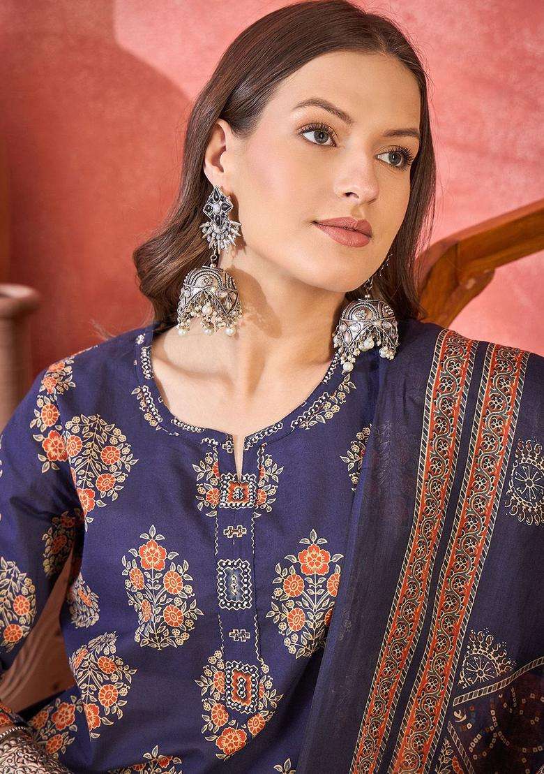 Navy Blue Printed Cotton Kurta Set - Indya