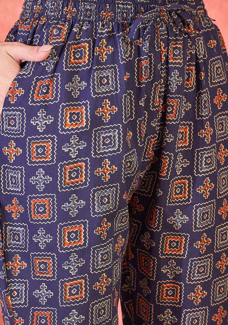 Navy Blue Printed Cotton Kurta Set - Indya