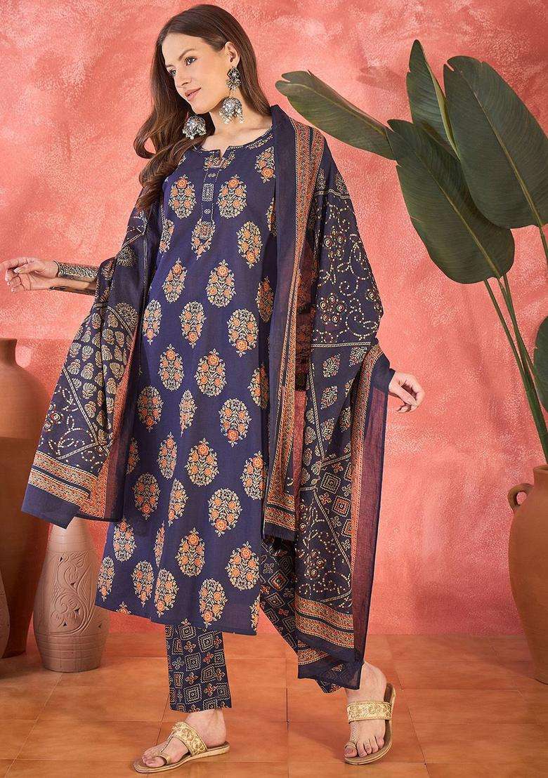 Navy Blue Printed Cotton Kurta Set - Indya