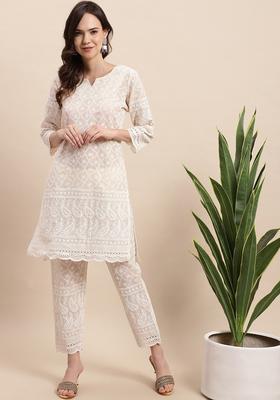Cream Embroidered Cotton Kurta Set