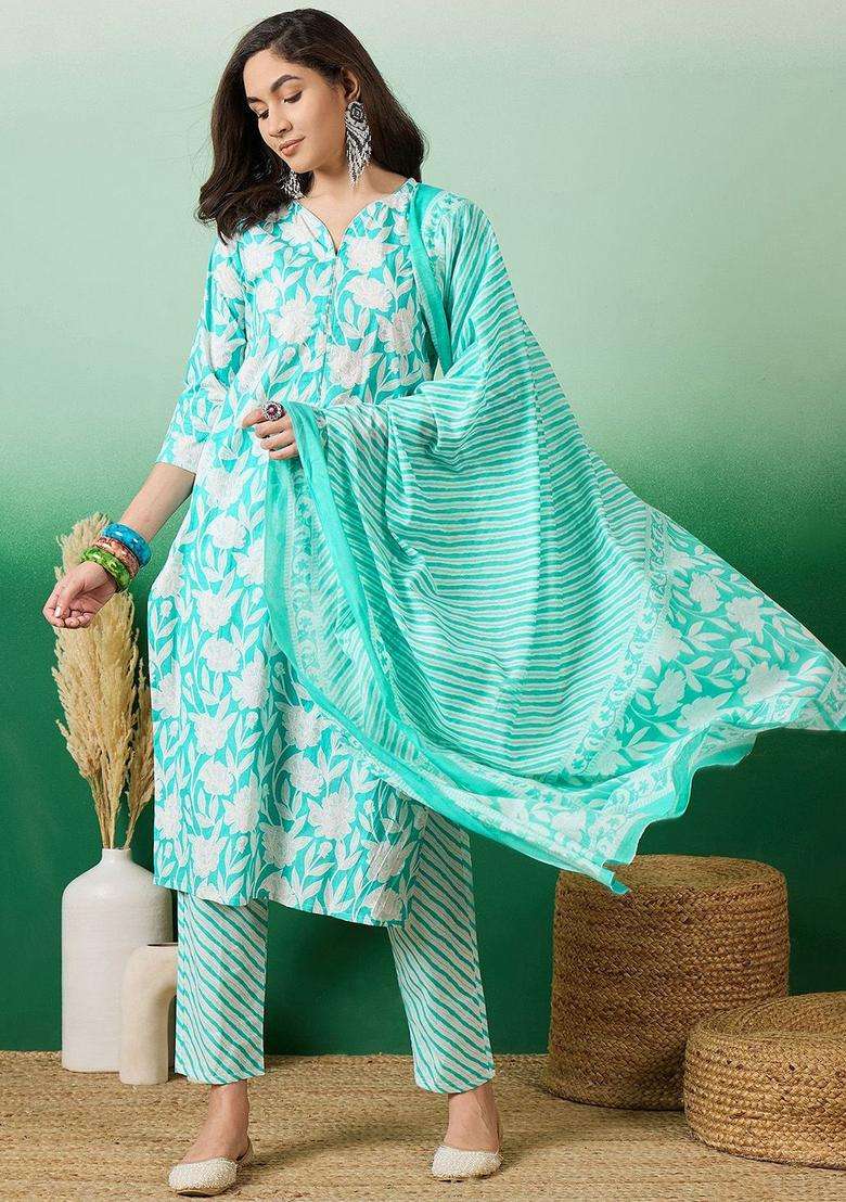 Sea Green Printed Cotton Kurta Set - Indya