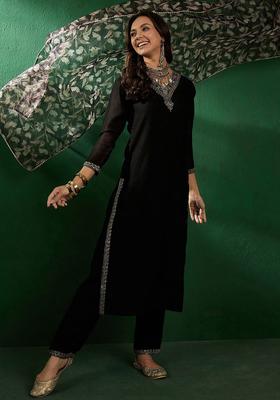 Black Yoke Design Silk Blend Kurta Set