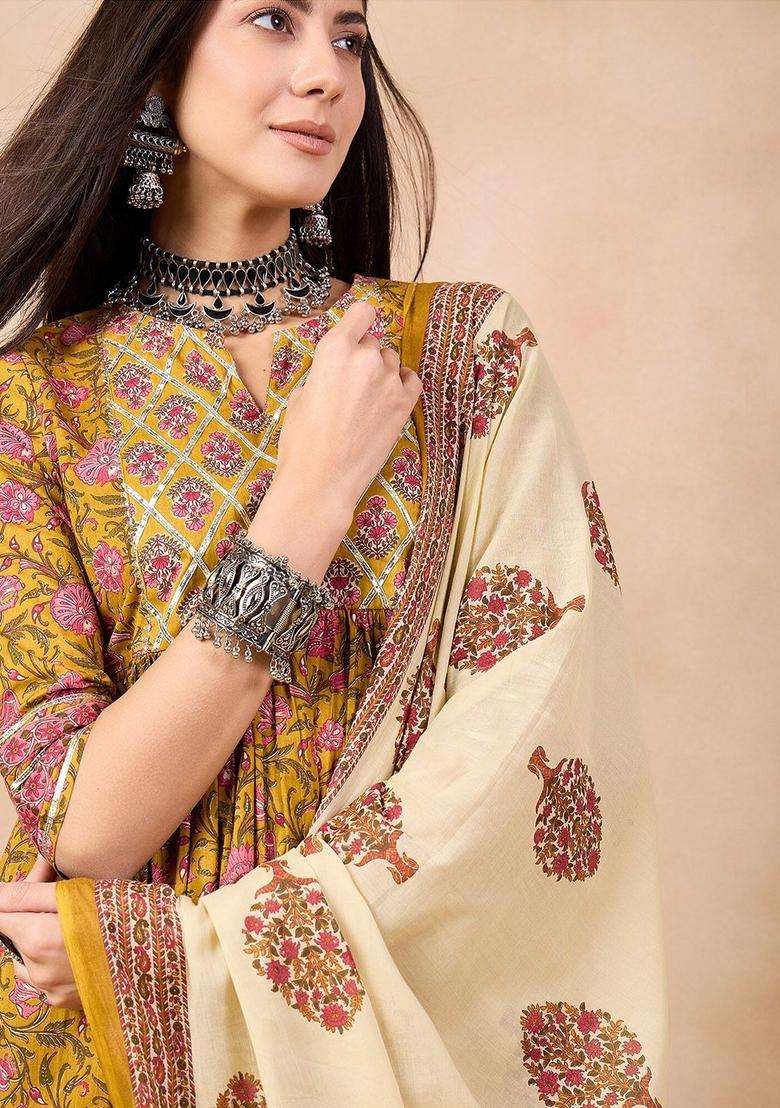 Mustard Printed Cotton Kurta Set - Indya