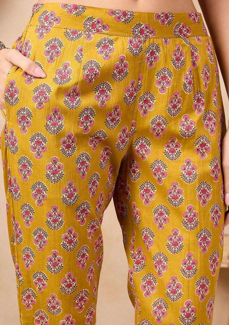 Mustard Printed Cotton Kurta Set - Indya