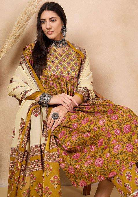 Mustard Printed Cotton Kurta Set