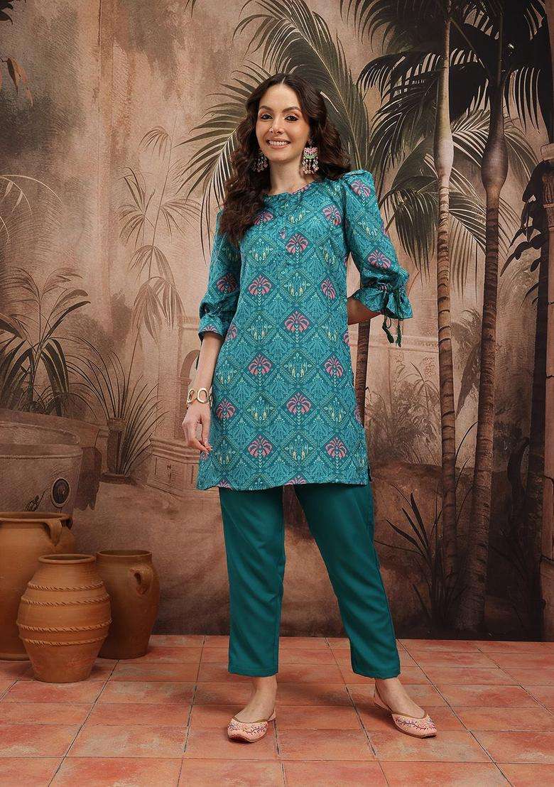 Turquoise Blue Printed Polyester Kurta Set - Indya