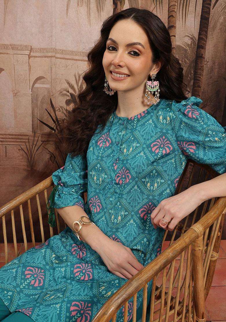 Turquoise Blue Printed Polyester Kurta Set - Indya