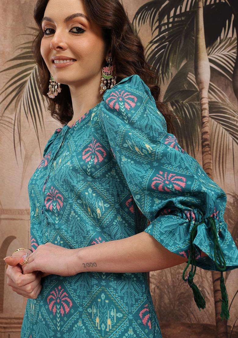 Turquoise Blue Printed Polyester Kurta Set - Indya