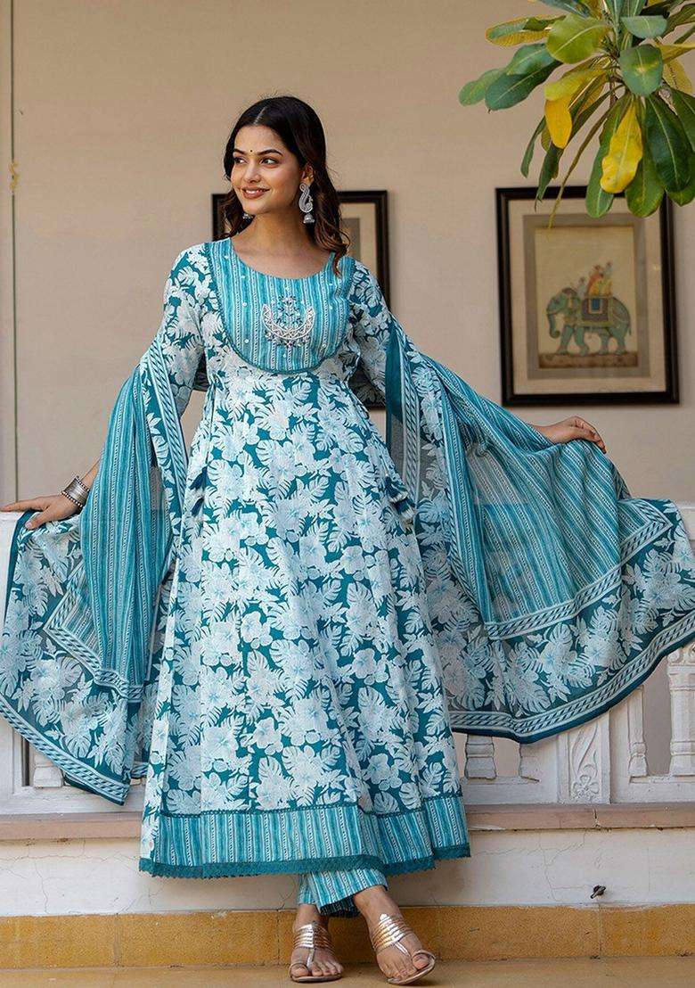 Blue Printed Cotton Anarkali Set - Indya