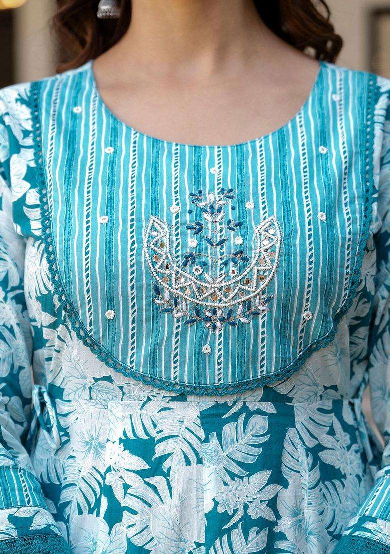 Blue Printed Cotton Anarkali Set - Indya