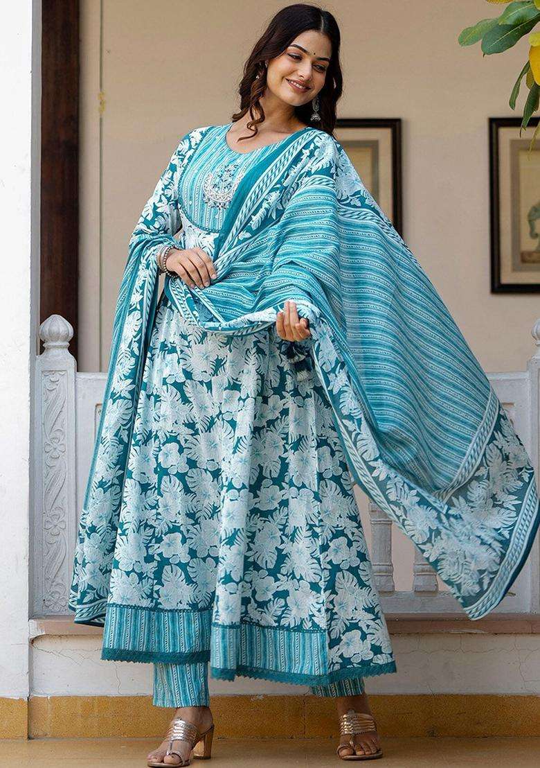 Blue Printed Cotton Anarkali Set - Indya