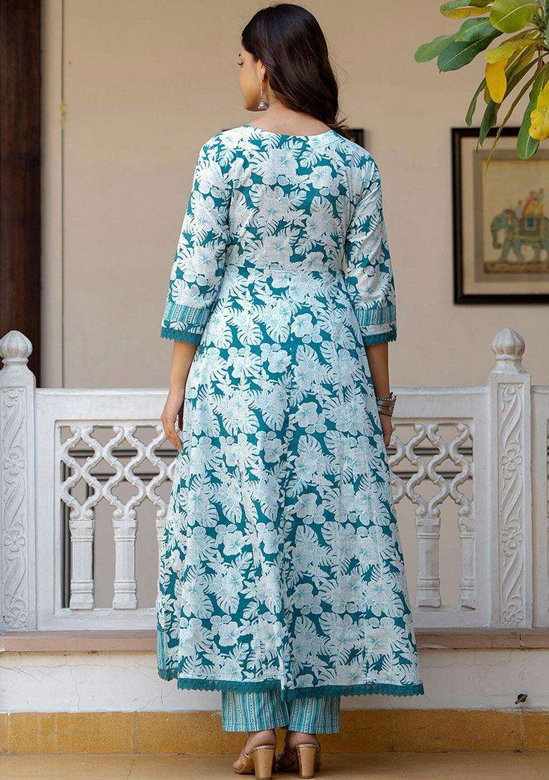 Blue Printed Cotton Anarkali Set - Indya