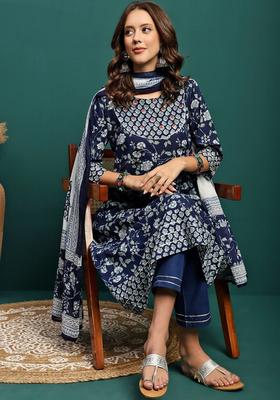 Blue Printed Cotton Anarkali Set