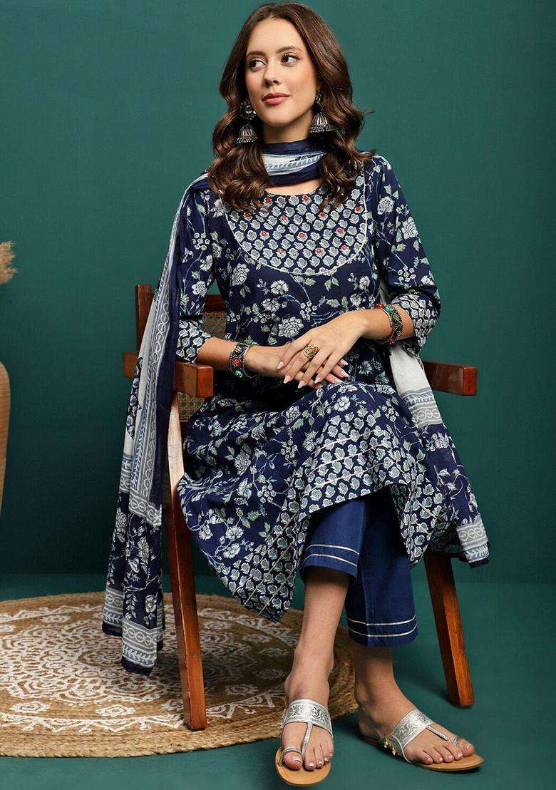 Blue Printed Cotton Anarkali Set - Indya
