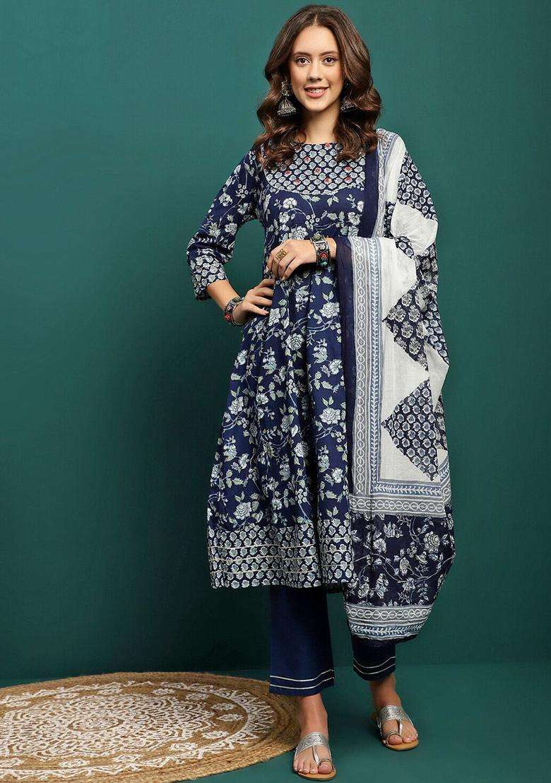 Blue Printed Cotton Anarkali Set - Indya