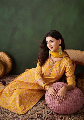 Mustard Printed Cotton Kurta Set