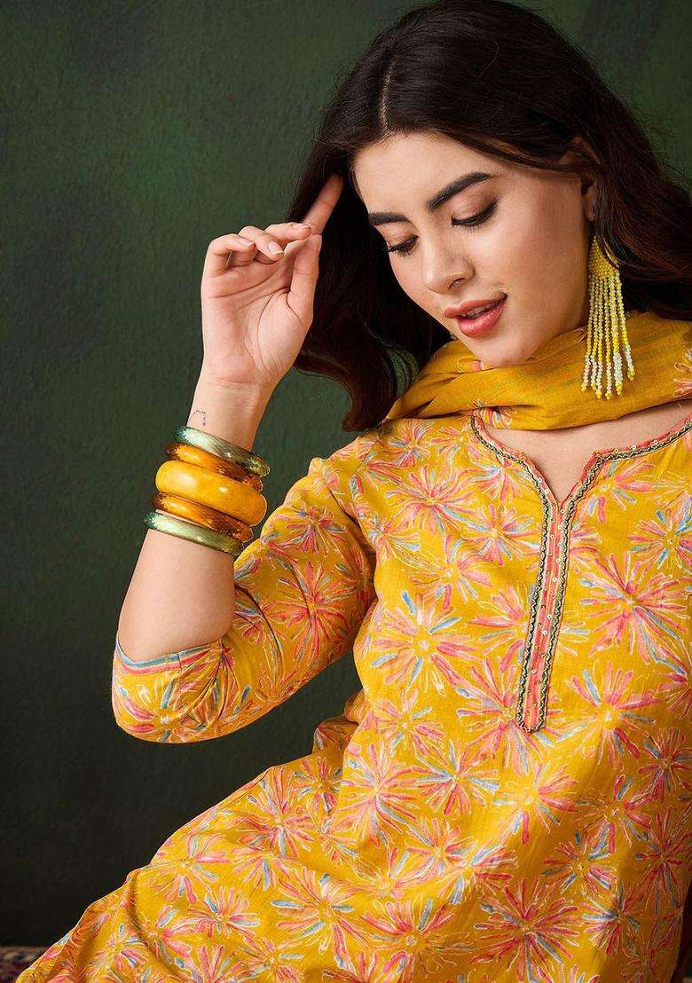 Mustard Printed Cotton Kurta Set - Indya
