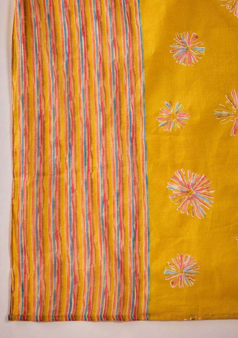 Mustard Printed Cotton Kurta Set - Indya
