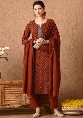 Brown Printed Cotton Kurta Set