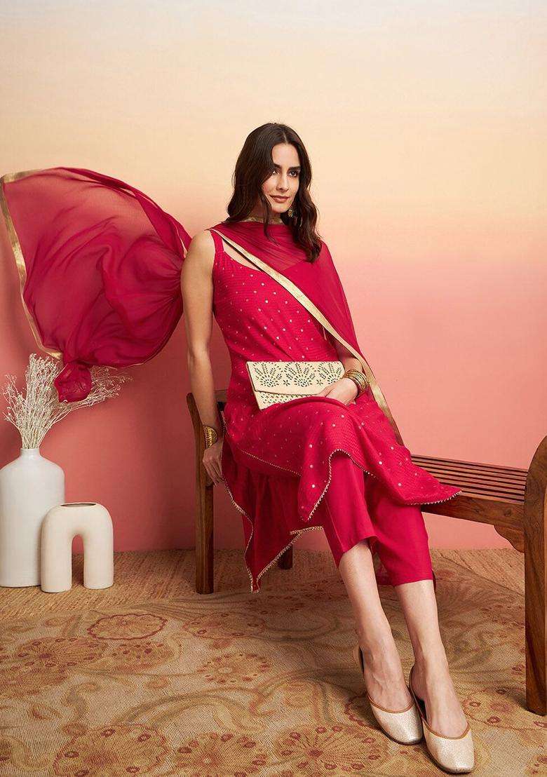 Red Printed Viscose Kurta Set - Indya