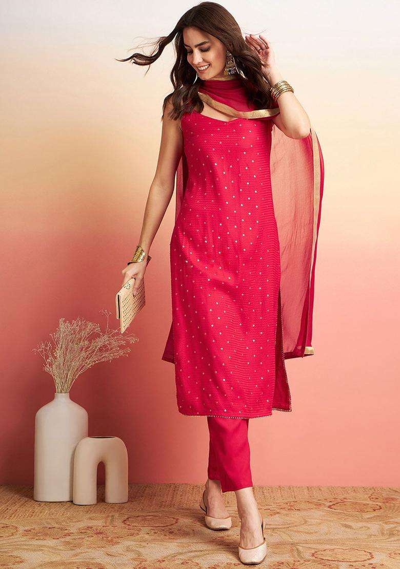 Red Printed Viscose Kurta Set - Indya