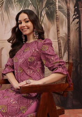 Maroon Printed Polyester Kurta Set