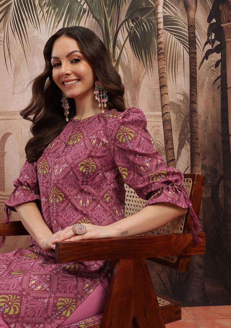 Maroon Printed Polyester Kurta Set - Indya