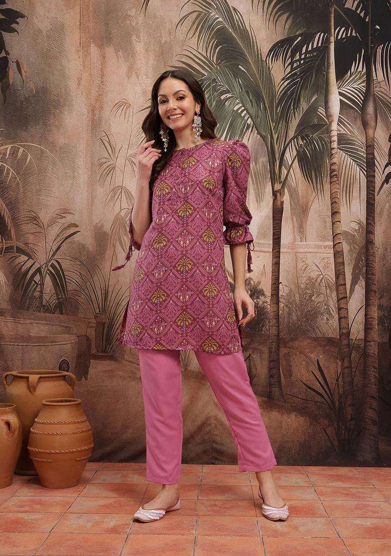 Maroon Printed Polyester Kurta Set - Indya